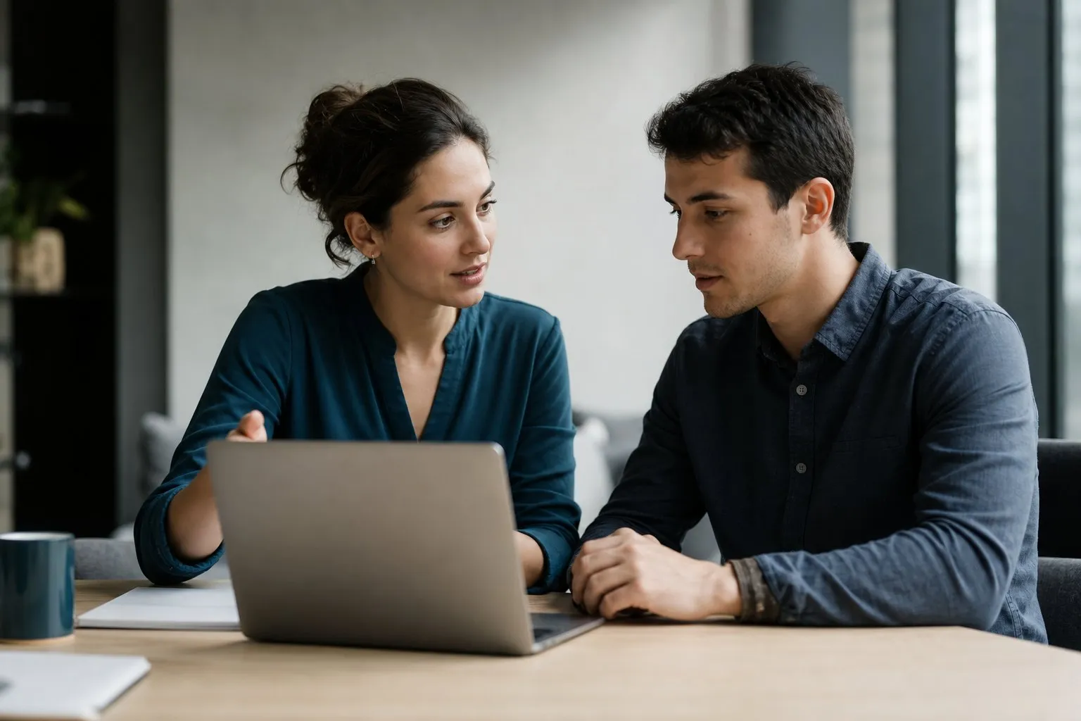 Two young colleagues working through a plan together at a laptop